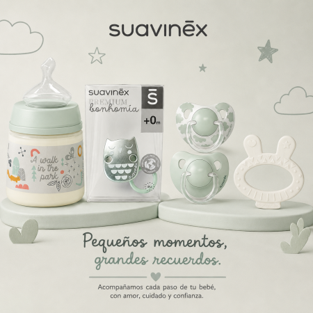 Pack Suavinex Bonhomía Verde con biberón silicona 150 ml, chupetes SX Pro anatómicos, broche y mordedor +0m