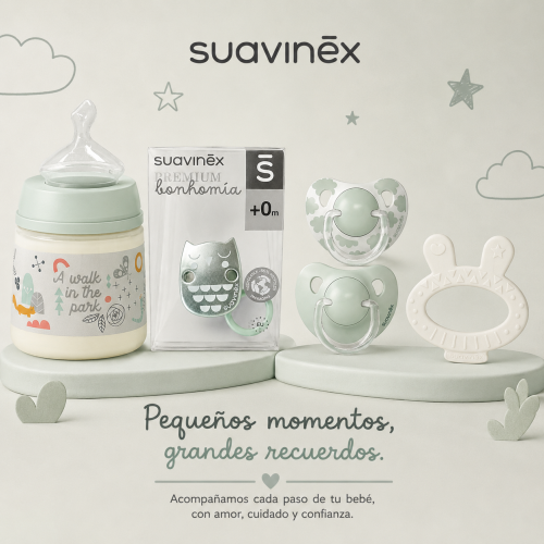 Pack Suavinex Bonhomía Verde con biberón silicona 150 ml, chupetes SX Pro anatómicos, broche y mordedor +0m