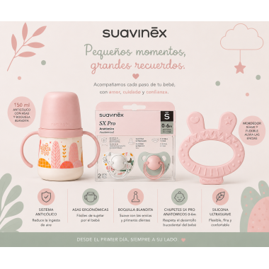 Pack Suavinex Rosa – Vaso Anticólico 150 ml, 2 Chupetes SX Pro Anatómicos y Mordedor +0m