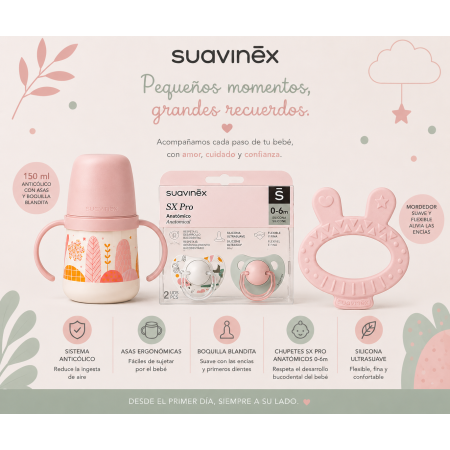 Pack Suavinex Rosa – Vaso Anticólico 150 ml, 2 Chupetes SX Pro Anatómicos y Mordedor +0m