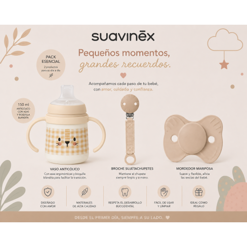 Pack Suavinex Glow con vaso anticólico silicona que brilla en la oscuridad, chupete SX Pro y cadenita de tela sujetachupetes