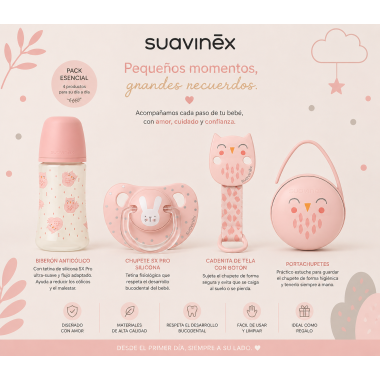 Pack Suavinex Rosa con biberón SX Pro fisiológico 270 ml, chupete anatómico 0-6m, cadenita con cinta y portachupete flexible