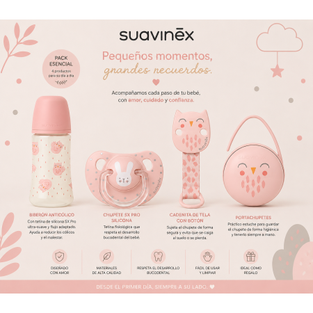 Pack Suavinex Rosa con biberón SX Pro fisiológico 270 ml, chupete anatómico 0-6m, cadenita con cinta y portachupete flexible