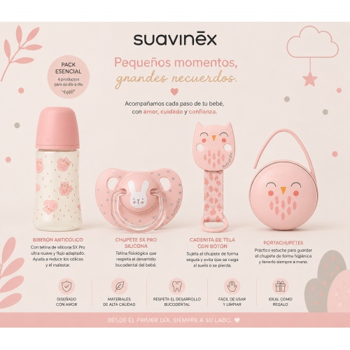 Pack Suavinex Rosa con biberón SX Pro fisiológico 270 ml, chupete anatómico 0-6m, cadenita con cinta y portachupete flexible