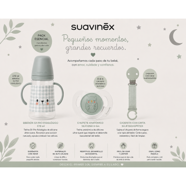 Pack Suavinex Bonhomía Verde con vaso silicona anticólico, chupete SX Pro 0-6m y sujeta chupetes de tela