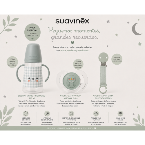 Pack Suavinex Bonhomía Verde con vaso silicona anticólico, chupete SX Pro 0-6m y sujeta chupetes de tela
