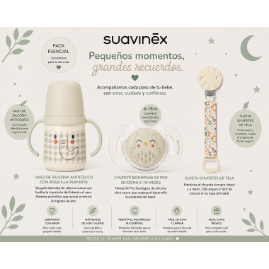 Pack Suavinex Glow Verde con vaso anticólico 120 ml que brilla en la oscuridad, chupete SX Pro silicona 6-18m y cadenita de tela