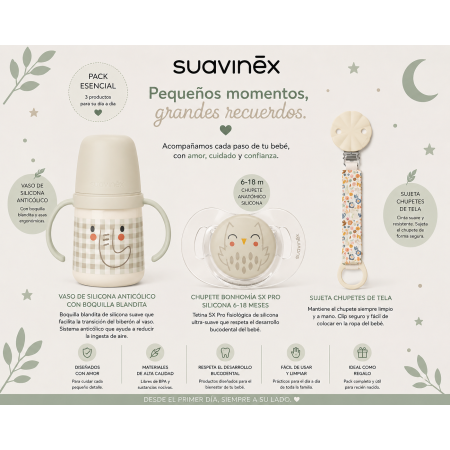 Pack Suavinex Glow Verde con vaso anticólico 120 ml que brilla en la oscuridad, chupete SX Pro silicona 6-18m y cadenita de tela