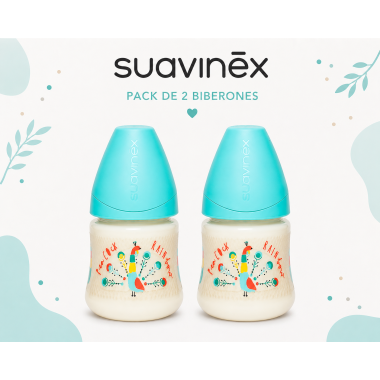 Pack 2 Biberones Suavinex 150 ml con tetina silicona flujo lento y diseño Pavo Azul
