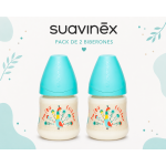 Pack 2 Biberones Suavinex 150 ml con tetina silicona flujo lento y diseño Pavo Azul