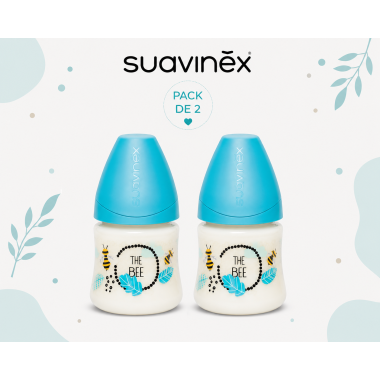 Pack 2 Biberones Suavinex 150 ml con tetina silicona flujo lento y diseño Abejita Azul