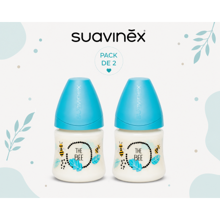 Pack 2 Biberones Suavinex 150 ml con tetina silicona flujo lento y diseño Abejita Azul