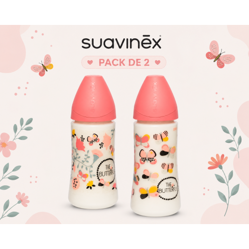 Pack 2 Biberones Suavinex Butterfly Rosa 270 ml con tetina silicona flujo medio