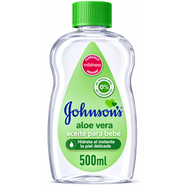Aceite para bebé Johnson's Aloe Vera 500 ml. Hidrata al instante la piel delicada, ideal para masajes y cuidado diario infantil.