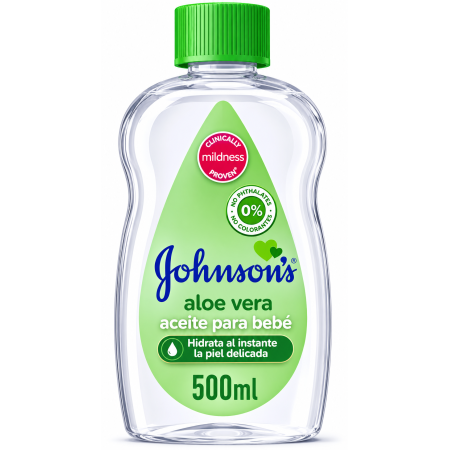 Aceite para bebé Johnson's Aloe Vera 500 ml. Hidrata al instante la piel delicada, ideal para masajes y cuidado diario infantil.