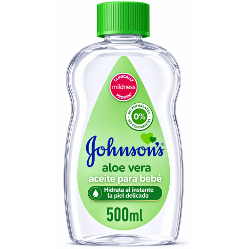 Aceite para bebé Johnson's Aloe Vera 500 ml. Hidrata al instante la piel delicada, ideal para masajes y cuidado diario infantil.