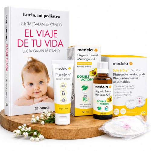 Pack Lactancia Medela para Mamá – Purelan, Aceite de Masaje Orgánico, Discos Absorbentes y Libro "El Viaje de Tu Vida"