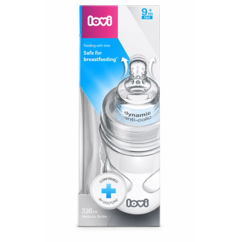 Biberón Anticólicos LOVI Medical+ Dynamic 330 ml Tetina Flujo Rápido 9M+ Compatible con Lactancia Materna