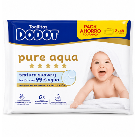 Toallitas Dodot Aqua Pure con Tapita Pack 288 Uds (6x48) – 99% Agua | Nuevo Formato Más Grueso y Resistente