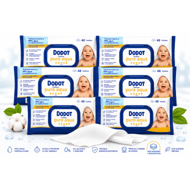 Toallitas Dodot Aqua Pure con Tapita Pack 288 Uds (6x48) – 99% Agua | Nuevo Formato Más Grueso y Resistente