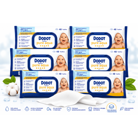 Toallitas Dodot Aqua Pure con Tapita Pack 288 Uds (6x48) – 99% Agua | Nuevo Formato Más Grueso y Resistente