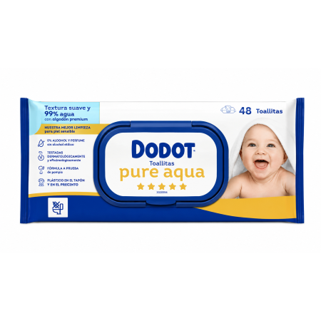 Dodot Pure Aqua 12 x 48 toallitas. Nuevo formato más grueso y resistente con 99% agua purificada y algodón premium. Sin alcohol