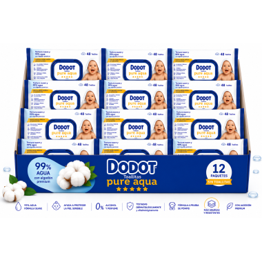 Dodot Pure Aqua 12 x 48 toallitas. Nuevo formato más grueso y resistente con 99% agua purificada y algodón premium. Sin alcohol 