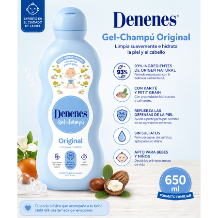 Denenes Gel-Champú Original 650 ml | Limpieza Suave, Hidratación y Protección para Bebés y Niños
