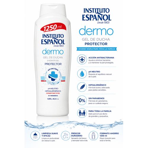 Gel de Ducha Protector Dermo Instituto Español 1250 ml | Acción Antibacteriana, pH Neutro e Higiene Diaria para Toda la Familia