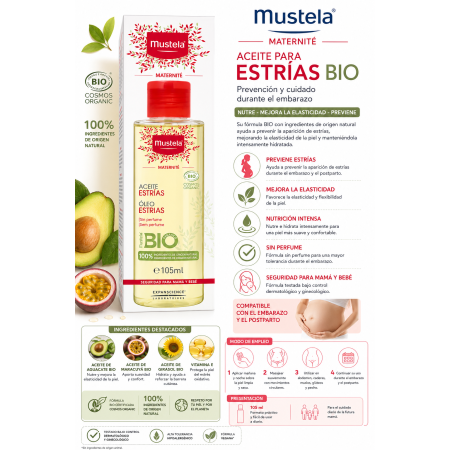 Aceite para Estrías Mustela Maternité BIO 105 ml | Prevención y Cuidado de las Estrías Durante el Embarazo