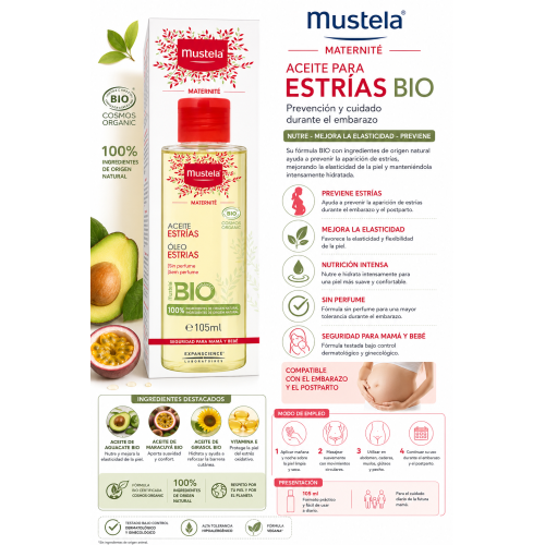 Aceite para Estrías Mustela Maternité BIO 105 ml | Prevención y Cuidado de las Estrías Durante el Embarazo