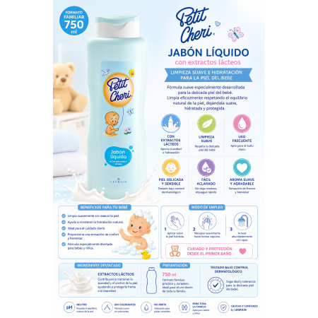Jabón Líquido Petit Cheri con Extractos Lácteos 750 ml | Limpieza Suave e Hidratación para la Delicada Piel del Bebé
