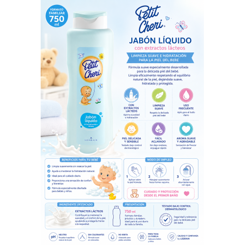 Jabón Líquido Petit Cheri con Extractos Lácteos Pack 3 x 750 ml | Limpieza Suave e Hidratación para la Delicada Piel del Bebé