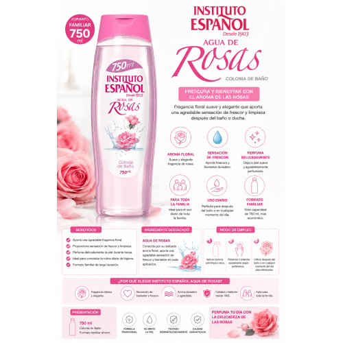 Colonia Agua de Rosas Instituto Español 750 ml | Fragancia Fresca y Elegante para Toda la Familia