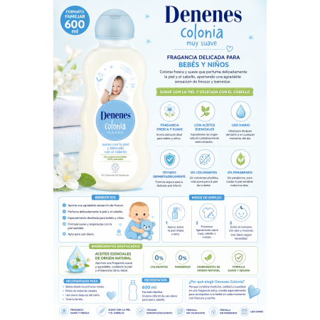 Colonia Denenes Muy Suave 600 ml | Fragancia Delicada para Bebés y Niños con Ingredientes de Origen Natural