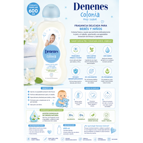 Colonia Denenes Muy Suave 600 ml | Fragancia Delicada para Bebés y Niños con Ingredientes de Origen Natural