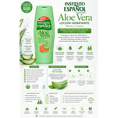 Loción Hidratante Aloe Vera Instituto Español 500 ml | Hidratación, Suavidad y Frescura para Manos y Cuerpo