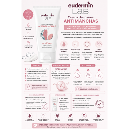 Crema de Manos Antimanchas Eudermin Lab con Niacinamida | Hidratación y Cuidado Diario para unas Manos Más Uniformes