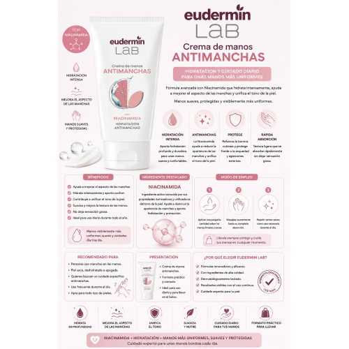 Crema de Manos Antimanchas Eudermin Lab con Niacinamida | Hidratación y Cuidado Diario para unas Manos Más Uniformes