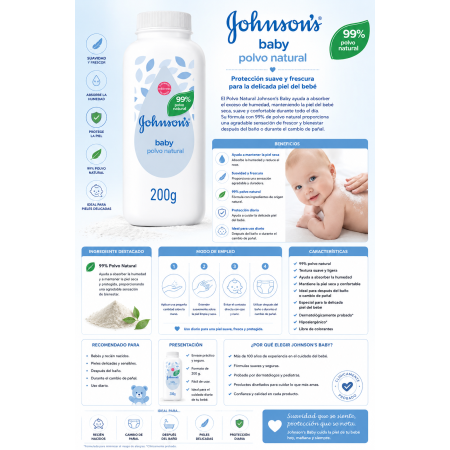 Polvo Natural Johnson's Baby 200 g | Protección Suave y Frescura para la Delicada Piel del Bebé