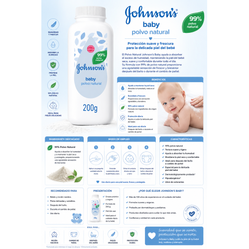 Polvo Natural Johnson's Baby 200 g | Protección Suave y Frescura para la Delicada Piel del Bebé