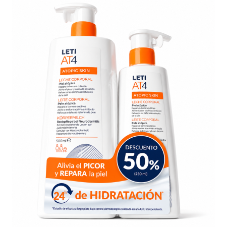 LETI AT4 Leche Corporal Duplo 500 ml + 250 ml | Hidratación 24h para Piel Atópica-. Atopic Skin