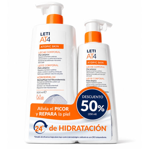 LETI AT4 Leche Corporal Duplo 500 ml + 250 ml | Hidratación 24h para Piel Atópica-. Atopic Skin