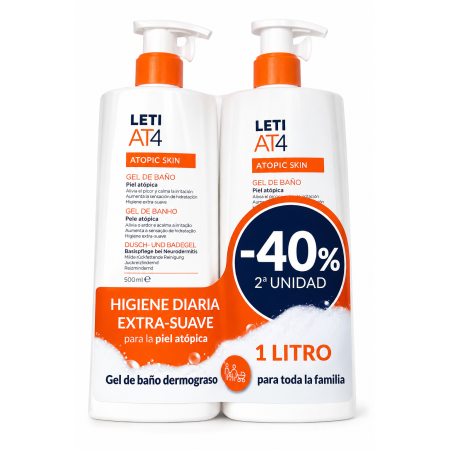 LETI AT4 Gel de Baño Dermograso Duplo 2 x 500 ml | Pack 1 Litro | Piel Atópica. Atopic Skin