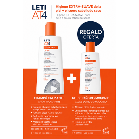 LETI AT4 Champú Calmante 250 ml + Gel de Baño Dermograso 100 ml de Regalo | Pack Piel Atópica. Atopic Skin