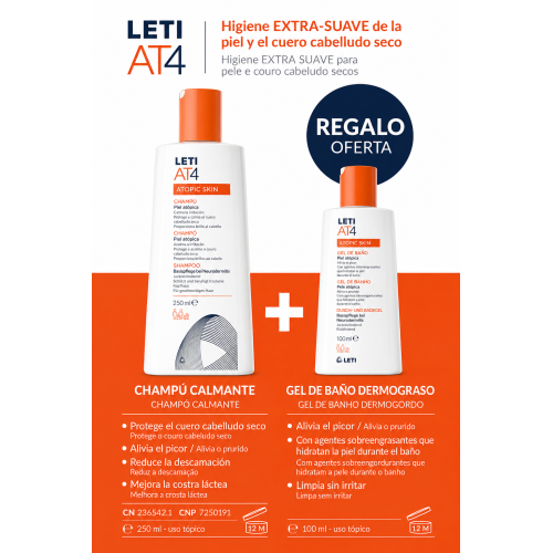 LETI AT4 Champú Calmante 250 ml + Gel de Baño Dermograso 100 ml de Regalo | Pack Piel Atópica. Atopic Skin