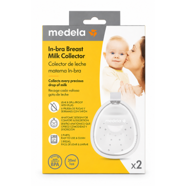 Colector de leche materna Medela In-Bra x2 de 30 ml, diseño anatómico, reutilizable y libre de BPA.