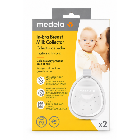 Colector de leche materna Medela In-Bra x2 de 30 ml, diseño anatómico, reutilizable y libre de BPA.