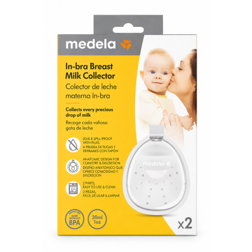 Colector de leche materna Medela In-Bra x2 de 30 ml, diseño anatómico, reutilizable y libre de BPA.