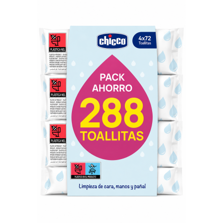 Toallitas perfumadas Chicco Pack Ahorro 288 Toallitas (4 x 72) Unidades | 97 % de agua y agua de loto